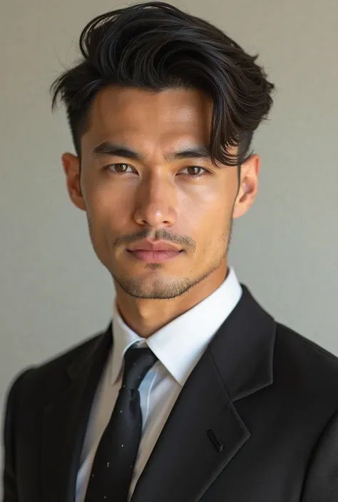 Show me a very handsome half Italian and Cambodian man. Light skin, brown eyes, in a suit, young and extremely handsome. MAKE HIM LOOKS JUST LIKE AN EUROPEAN 