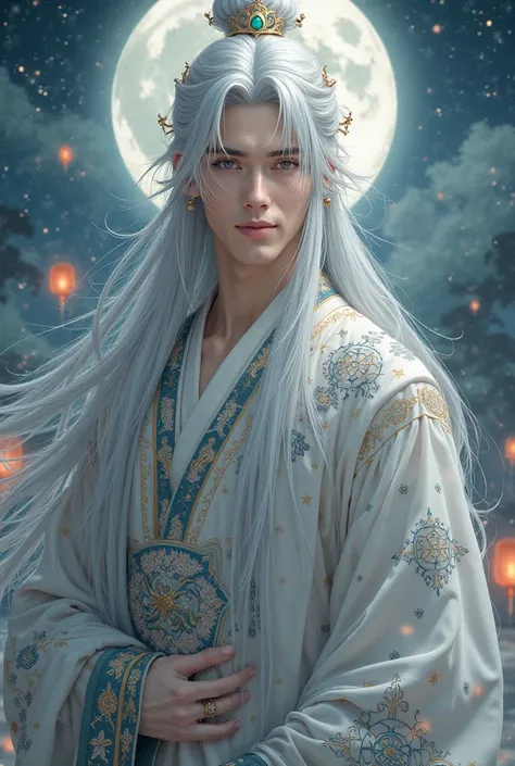 A celestial being with long, silver-white hair dressed in elegant traditional Chinese robes. His attire is flowing, adorned with intricate embroidery of stars and celestial patterns. His deep, gentle eyes hold wisdom beyond time, and his hair is partially ...