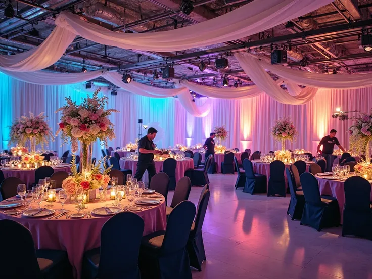 Create an image that captures the essence of "Event Design & Production." The scene should feature a beautifully decorated event space, showcasing elegant table settings, stylish centerpieces, and ambient lighting. Include a team of designers and productio...