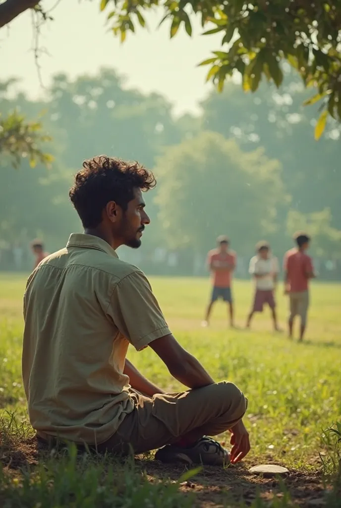 I want a pic of boy with shirt backside named Ranjha 33 sitting on ground while watching the village boys playing cricket