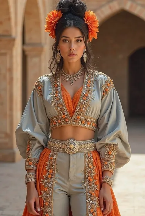 [A woman with dark hair styled up with orange flowers is wearing an elaborate, two-piece outfit; the ensemble consists of a cropped, light-grey jacket heavily embellished with orange and gold beading and embroidery, and matching high-waisted pants with sim...