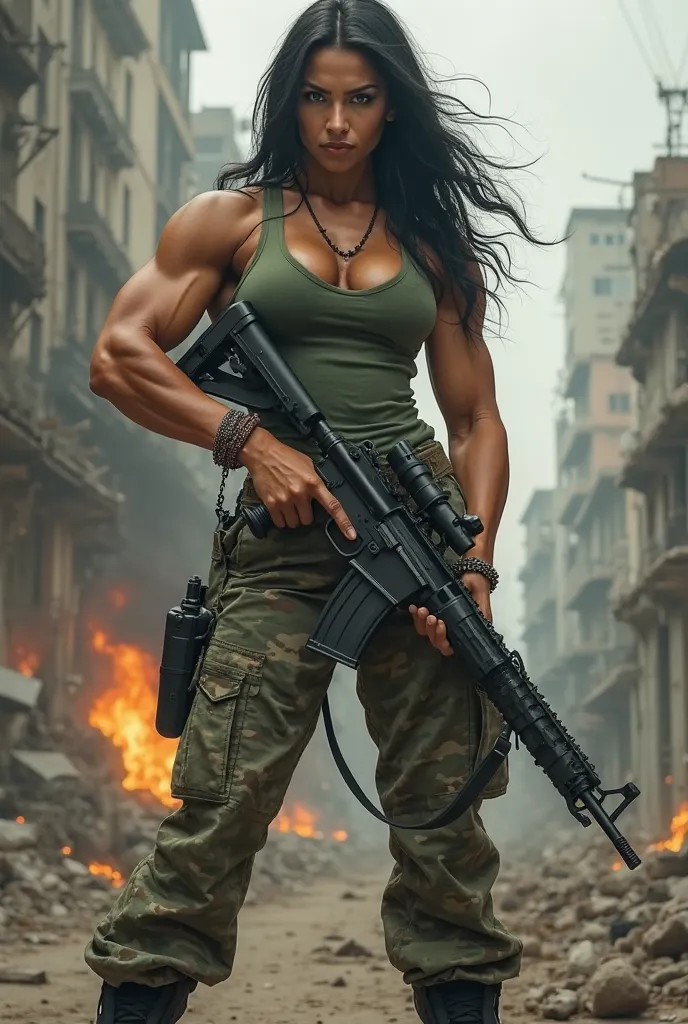 Body builder white American female with big arms with wide face and  long black hair wearing green tank top with camouflage pants and black boots carrying an M60 machine gun with smoke and fire with war torn city as a background close up 