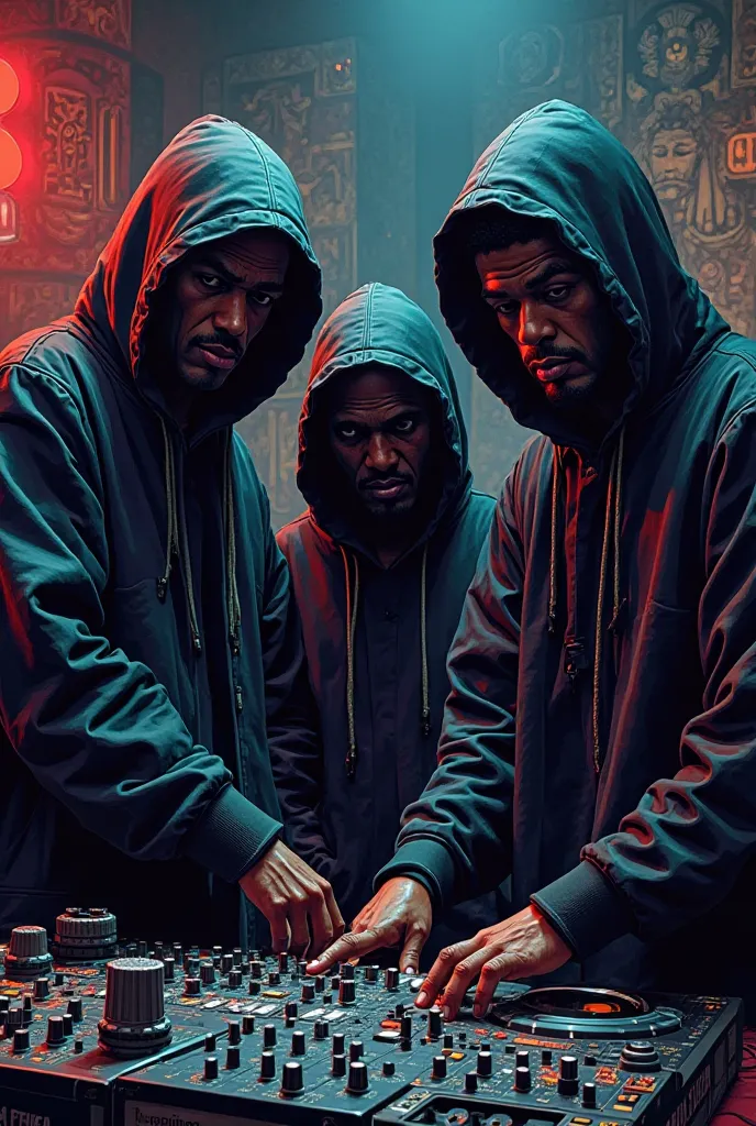 As a comic-like image showing 3 rappers who look somewhat dark, belonging to a secret cult with a console for mixing music and microphones in a recording studio