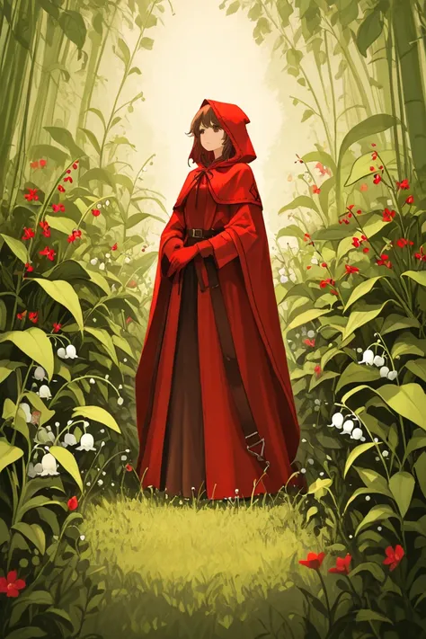 1little   with short brown hair, warning a red hood robe, and a golden bell nekckles and red gloves, a background of plants, with few lilies of the valley flowers, and tiny red flowers, sketchy, dream aesthetic, masterpiece.