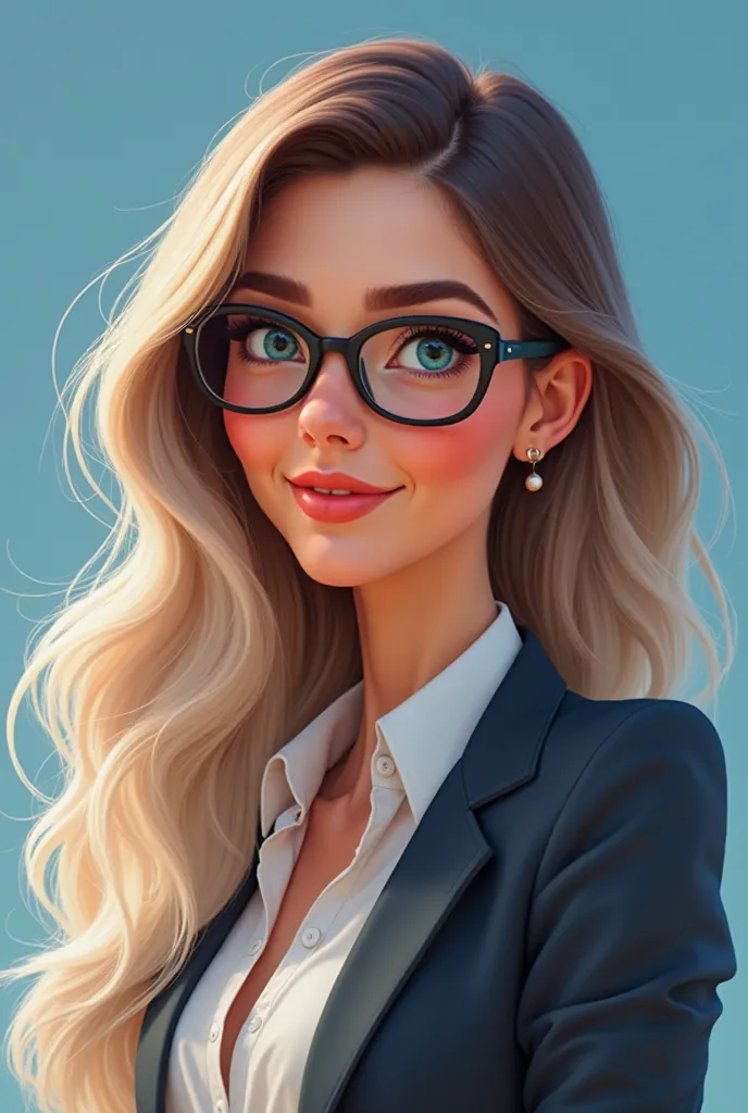 Pixar-like design of a 43-year-old brunette woman with long platinum blonde hair with balayage dressed in a suit, expressive look with outdoor reading glasses, blue background with brown eyes 