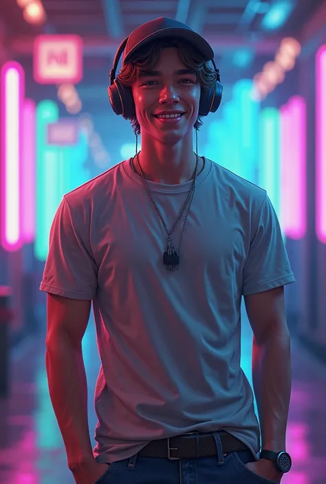 A funny age 25 guy gamer cool chill with neon light background 