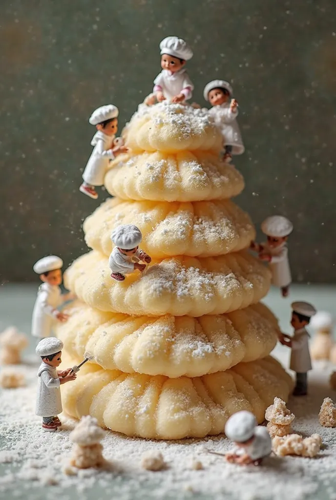 A surreal and macro-style photograph featuring a giant Turkish delight as the central element. On top of the Turkish delight, there are miniature human figures actively working. These tiny people are dressed as bakers, wearing white hats and traditional ba...