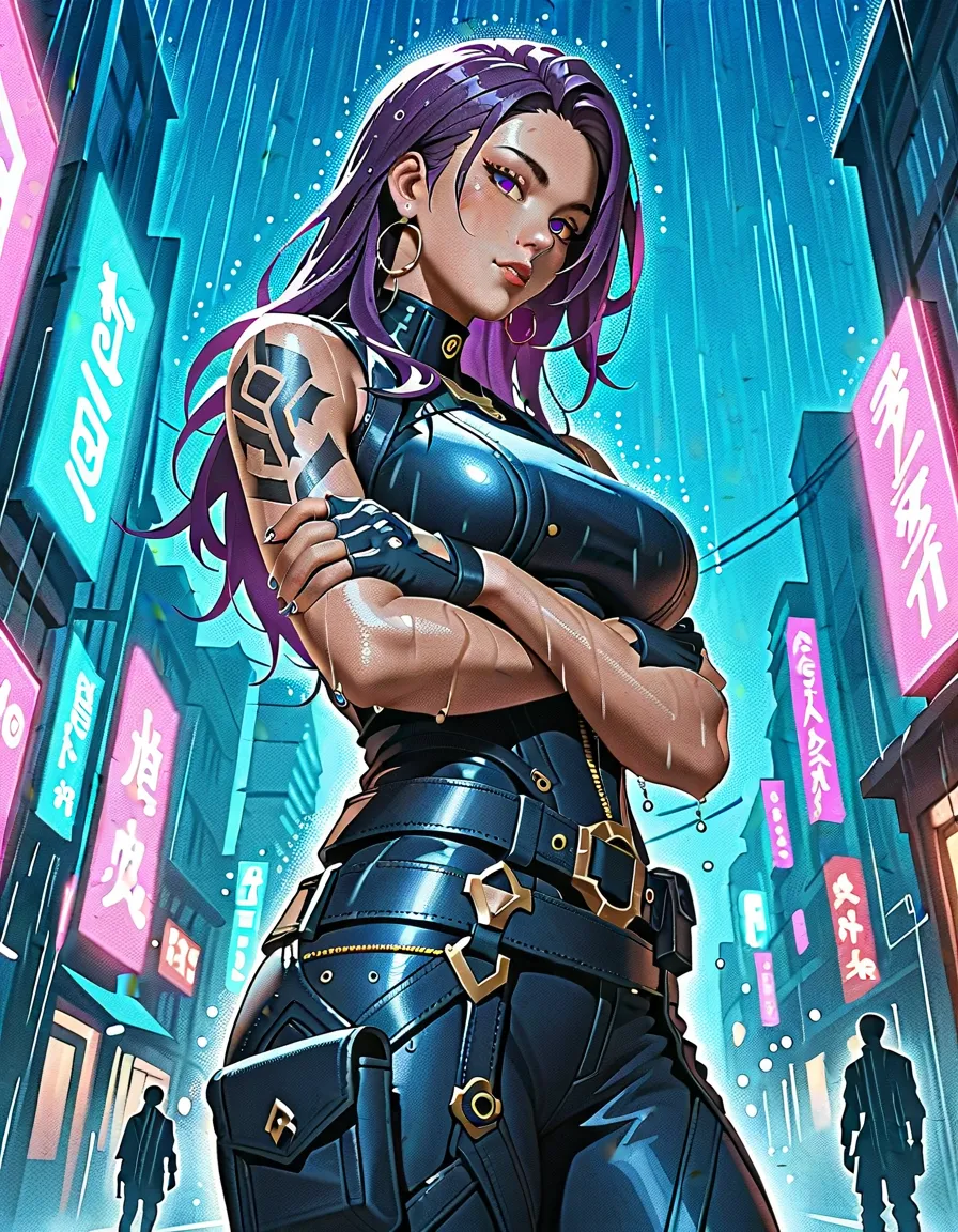  score_9,  score_8_up,  score_7_up, score_6_up,  score_5_up,  score_4_up , 1 girl, Alone, 
big breasts,
Reina DG ,
 brown skinned woman, other rooms,  long hair, purple hair, purple eyes,   black hair,  hair slickbacks by users,
black bodysuit,  Black Glov...