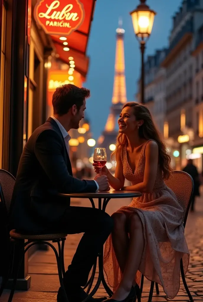 I want to see a couple only setting on a date table lookin at each others eyes and there is a water canal at the background with warm lights and a piano guy playing in a high class restaurant Make it aesthetic picture then  Make her wearing like a princess...