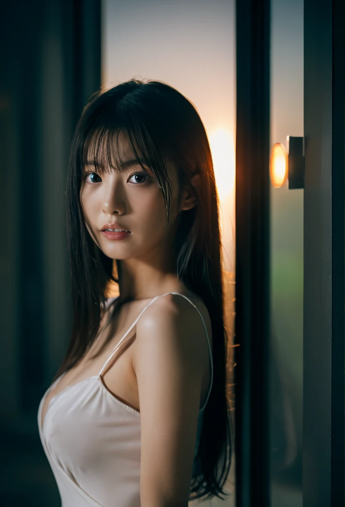 RAW photo, 4K, a sexy japanese woman, beautiful face, wearing dress, in the dark, standing, window