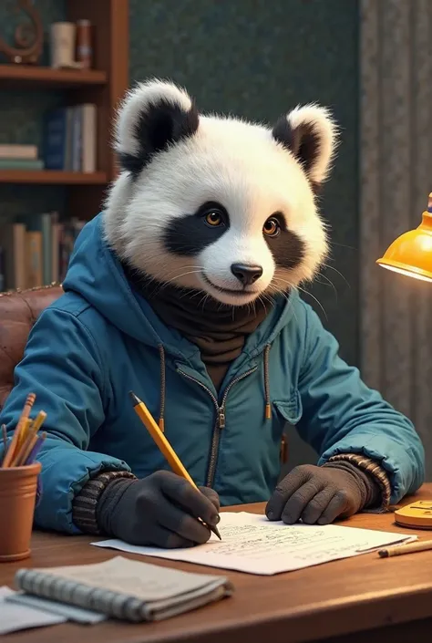 Un jeune homme gorille avec une tête de panda vêtu d’un costume bleu ciel et cravate assis à un bureau avec un ordi portable et des crayons dans un pot une lampe de chevet et des documents poser sur le bureau 