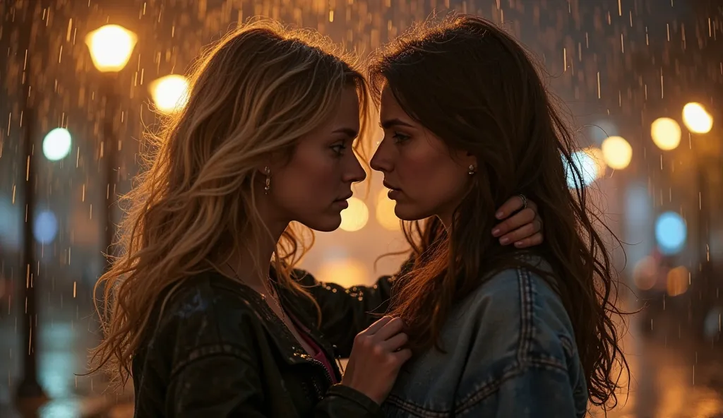 A bittersweet, emotional moment between two young adult women in the rain. One (with wavy blonde hair, open expression but visible hesitation) gently tucks a strand of hair behind the other’s ear. The second woman (soft brown hair, conflicted expression) p...