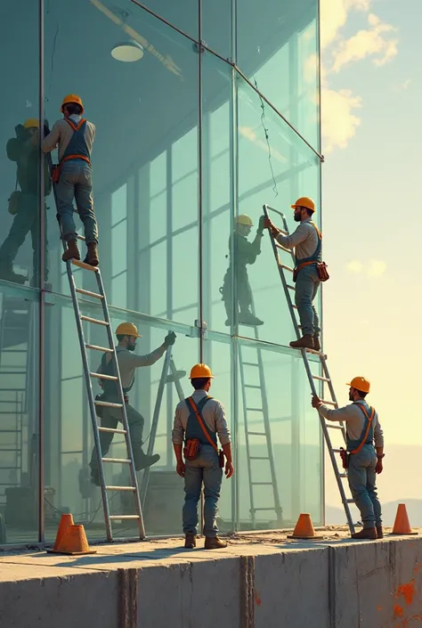 small workers are wearing overalls and safety helmets, building or assembling something iconic for that profession of architecture, maintaining a cinematic, ultra-detailed and visually engaging style.
The illustration is vibrant, with rich colors emphasizi...