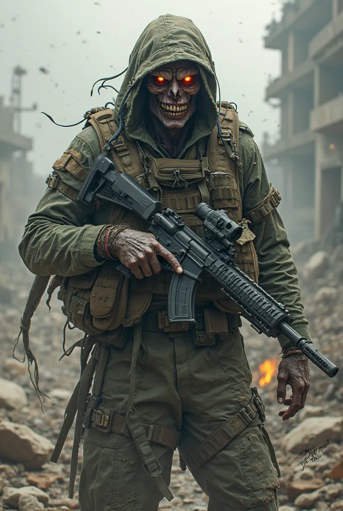 Evil war zombie with gun and gear on from the army, also with lighting in the eyes