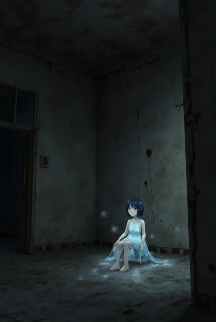 Empty water damaged room, stained walls, glowing anime girl, sitting in corner, glowing skin, blank face, 