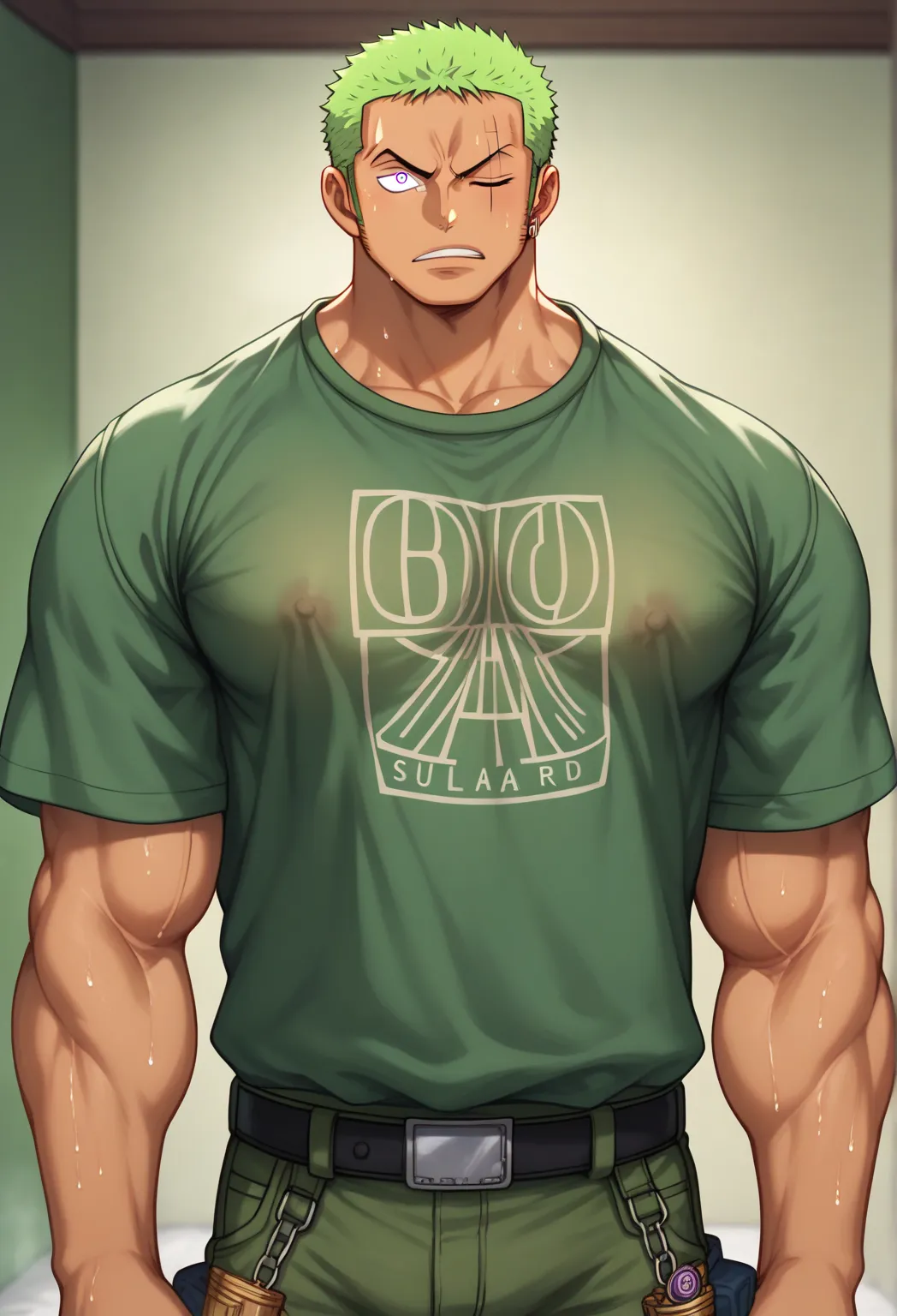 Roronoa Zoro, tanned skin, buzz cut, utility cover, army shirt, cargo pants, muscular, muscles, big biceps, broad shoulders, massive pecs, sweaty, glowing golden spiral in the eyes, blank expression, vacant stare, hypnotized, brainwashed, focused, High Res...