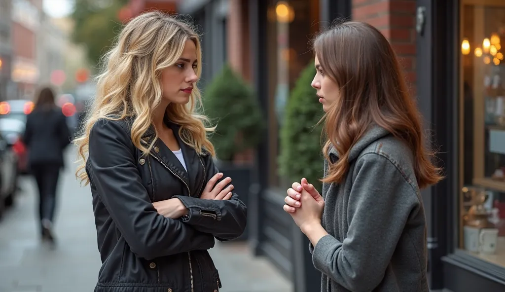 A tense, emotional confrontation on a city sidewalk between two young adult women. One (with wavy blonde hair, arms crossed, hurt but determined expression) looks directly at the other, demanding an answer. The other (soft brown hair, torn expression, hand...