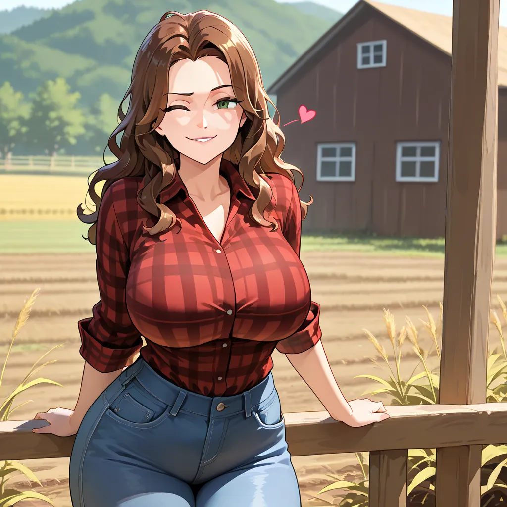 Brown Hair, Large breasts, Green Eyes, Flannel Shirt, Red Shirt, Outside, Farm, Long Hair, Hearts, Solo, Wavy Hair, Wink, Proud Smirk, Jeans, Mature, 1girl, Solo