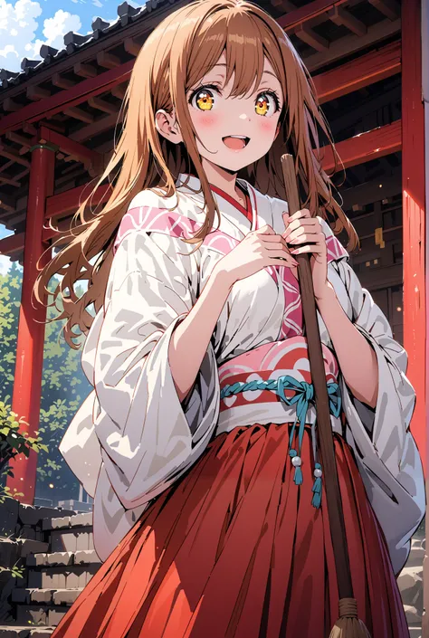 Hanamaru Kunikida,  long hair, bangs, brown hair, yellow eyes all the way to the tip,smile,blush,opens her mouth, shrine maiden costume, white kimono , white socks,Sandals,Red Hakama,holding the broom grip with both hands,I'm cleaning the stairs with a bro...