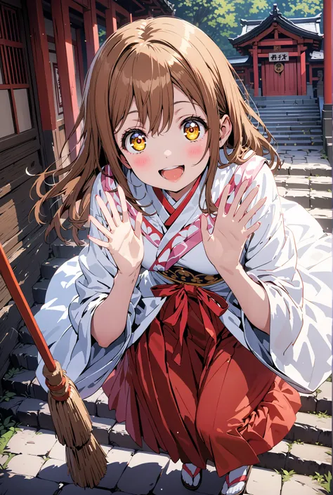 Hanamaru Kunikida,  long hair, bangs, brown hair, yellow eyes all the way to the tip,smile,blush,opens her mouth, shrine maiden costume, white kimono , white socks,Sandals,Red Hakama,holding the broom grip with both hands,I'm cleaning the stairs with a bro...