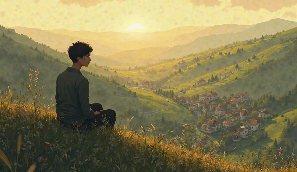 The boy reflecting alone on a hill, looking at the village, realizing how far he has come.
