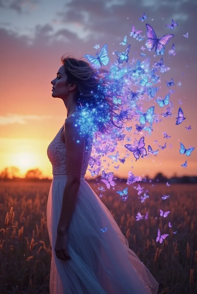 A fantasy-style image of a woman in a flowing dress, standing in a field at sunset. As she looks to the side, her left shoulder and part of her hair dissolve into a swarm of glowing butterflies in shades of blue and purple. The butterflies transition from ...