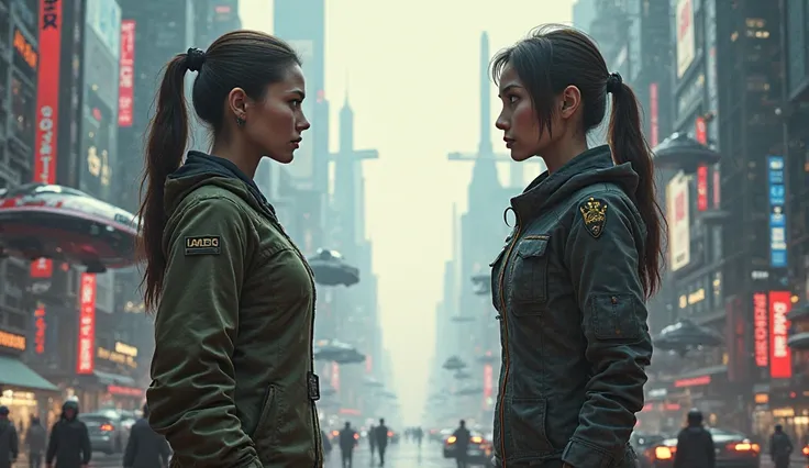 Clara stands in a bustling futuristic city, filled with hovering vehicles and towering structures. She’s shocked to meet a younger version of herself, a more confident and militaristic Clara, standing tall before her. The city around them pulses with advan...