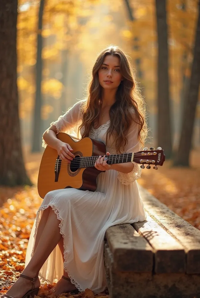 A beautiful young woman with long wavy brown hair, wearing a flowing white dress with lace details, sits gracefully on a long wooden bench in a sunlit autumn forest. She is playing an acoustic guitar with a natural wood finish, her fingers gently strumming...