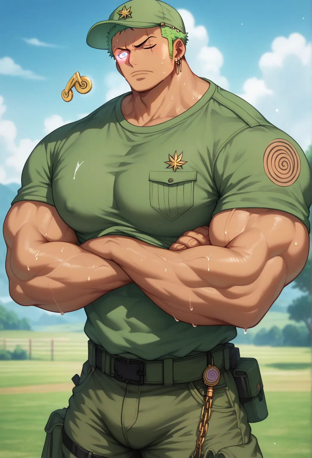 Roronoa Zoro, tanned skin, buzz cut, field cap, army shirt, cargo pants, muscular, muscles, big biceps, broad shoulders, massive pecs, sweaty, glowing golden spiral in the eyes, blank expression, vacant stare, hypnotized, brainwashed, focused, High Resolut...