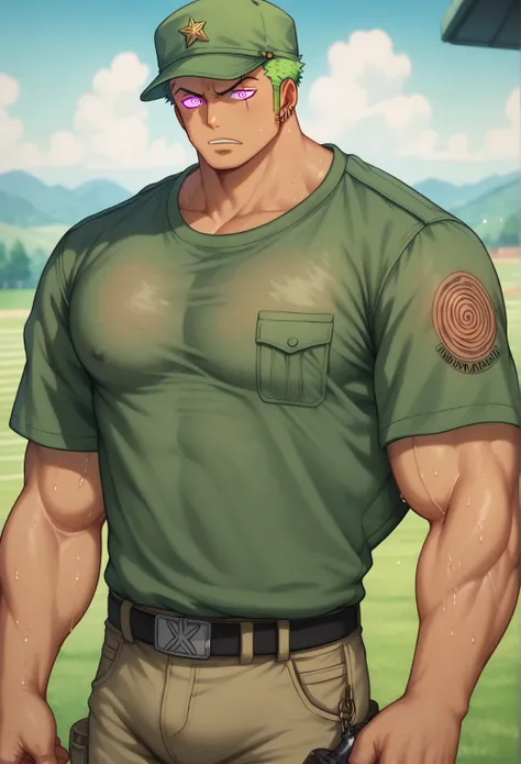 Roronoa Zoro, tanned skin, buzz cut, field cap, army shirt, cargo pants, muscular, muscles, big biceps, broad shoulders, massive pecs, sweaty, glowing golden spiral in the eyes, blank expression, vacant stare, hypnotized, brainwashed, focused, High Resolut...