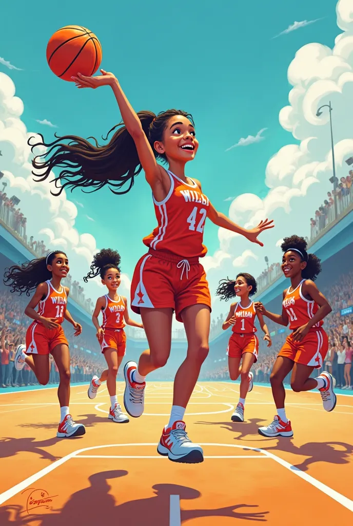 Female cartoon basketball players playing 