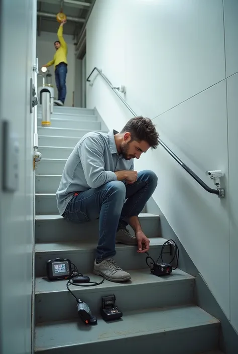 Man installing and assembling a rope camera on a staircase to a workplace wall 