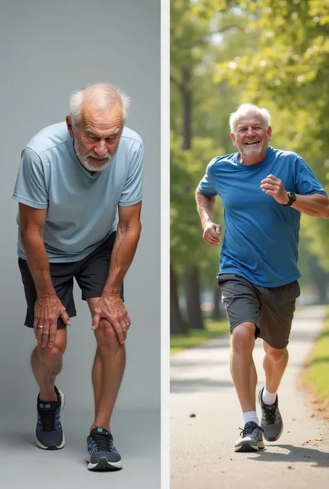 A side-by-side before-and-after comparison of an elderly man experiencing joint pain relief. In the ‘Before’ section, he appears in discomfort, holding his knee with a pained expression, slightly hunched over, and struggling to walk. His face shows signs o...