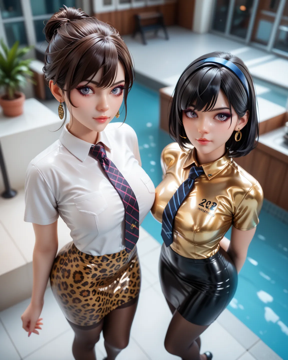 2 girls,     in an extremely tight   ,    shiny gold latex polo shirt, drives through the city , Leggings,     Hidden Hair Coloring,  reflection ,     reflecting light   ,    high resolution,    masterpiece , necktie, long tight skirt ,  very shiny skin , ...