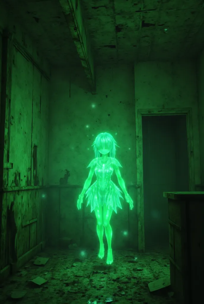 Empty water damaged room, stained walls, glowing anime girl, glowing body, green glow, irradiated, faceless, no clothes, no nudity