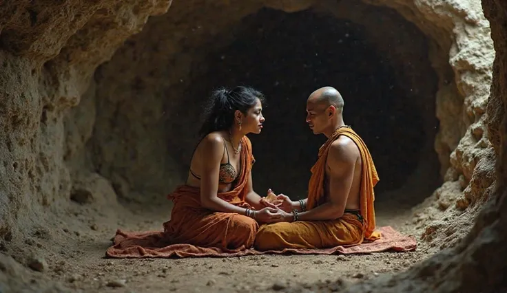 A Indian girl wearing a bra lying next to a monk on a cot with a cave above it