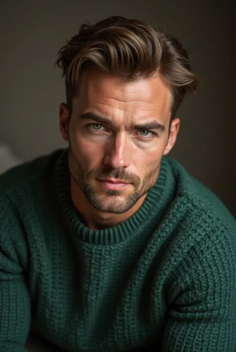 Handsome man with brown hair and green eyes wearing a green sweater, his features are close