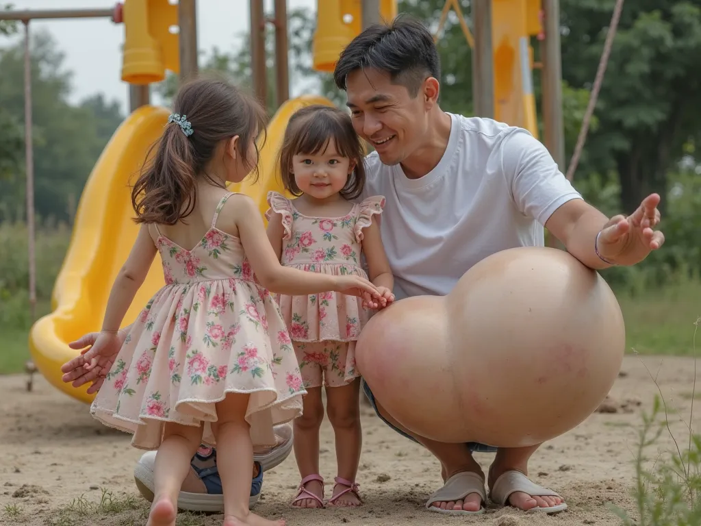 HEIC photo of a mother and father with their beautiful  younger little daughters with unusually large, massive double-d unrealistically-large comically-oversized breasts,  posing in the sz playground .  Father touches daughters' butts . chubby legs. Daught...