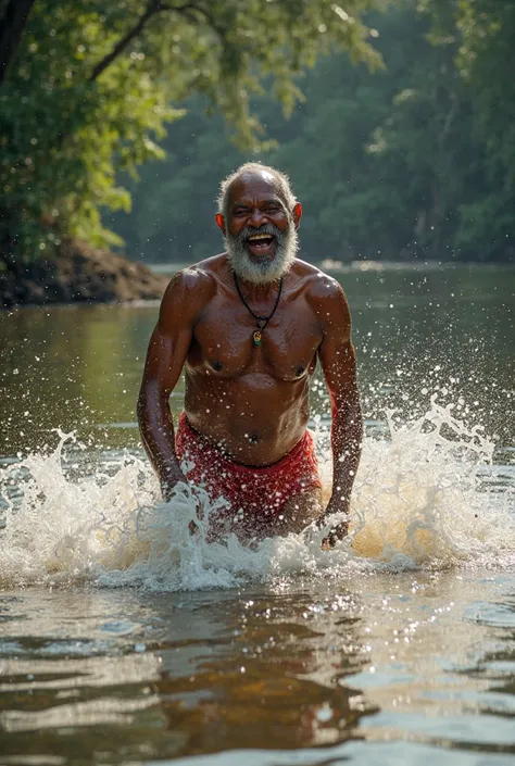 A large Sri Lankan King gamunu joyfully splashing water in the Maha Oya River, wet skin glistening, ripples in water, tropical environment, soft sunlight, Ultra Realistic, National Geographic, Sony A7R IV, 70-200mm f/2.8 GM, f/4, early morning, nature phot...