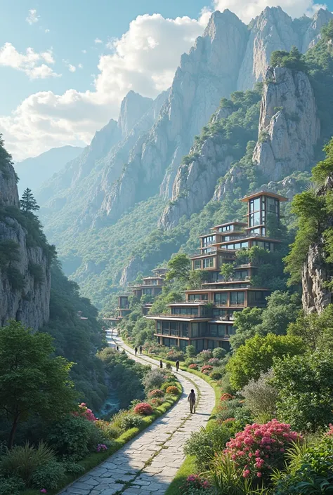 A city with technology is located at the foot of a mountain,there robots do the heavy lifting for humans,it's clean and beautiful,citizens no older than 50 years old, the city leader's house is in the center and there are a lot of plants.