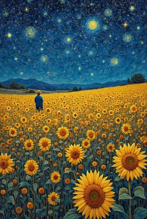 Sunflower field with starry night (by Vicent Van Gogh) and in the background Vicent van Gogh with his hat