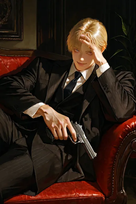 middle-aged male,  handsome,  lying, blond hair that is neatly turned back,  1 man with a gun,  dark circles under the eyes ,  short hair,  male-centered,  handsome man, Thick painted ,   Korean Comic Style  ,  semi-realistic art  ,  semi-realistic art  st...