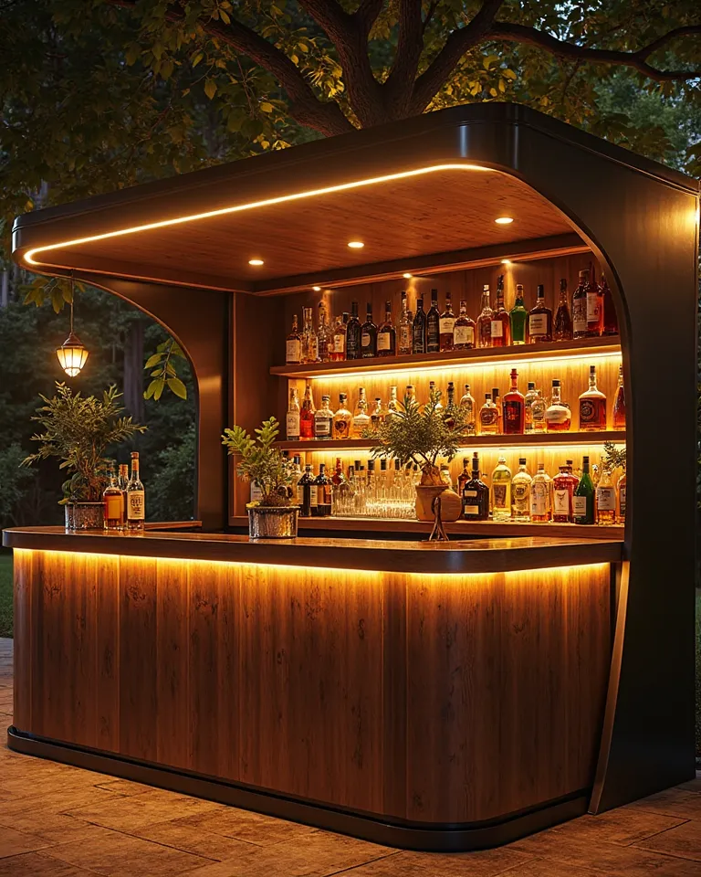 Image d'un bar mobile élégant, avec un comptoir en bois, des bouteilles artisanales et une ambiance lumineuse chaleureuse.