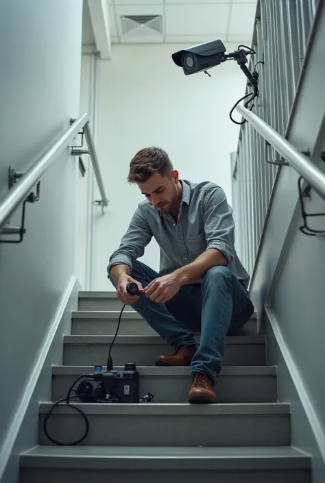 Man installing and assembling a rope camera on a staircase to a workplace wall 