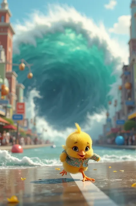 Create an image of a little yellow chick with stylish clothes running from a huge tsunami in the in the city, destroying everything tearing down the entire city. Blurred city attracts, focus of the image on the dot running desperate. Disney-style 3D image 