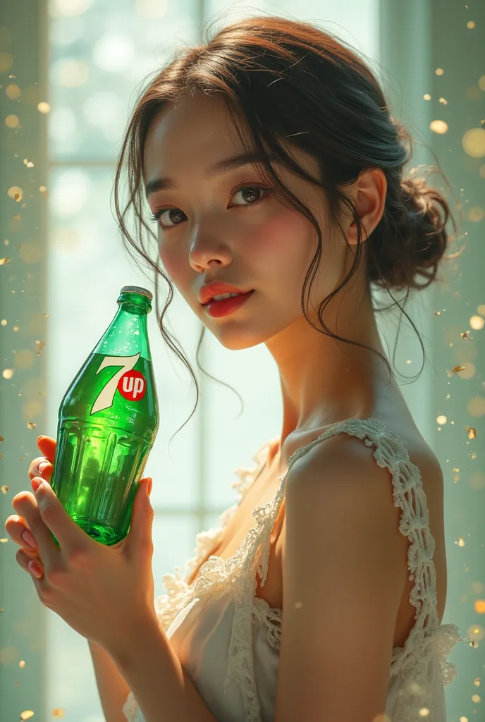 The girl is standing with white 7up drink 