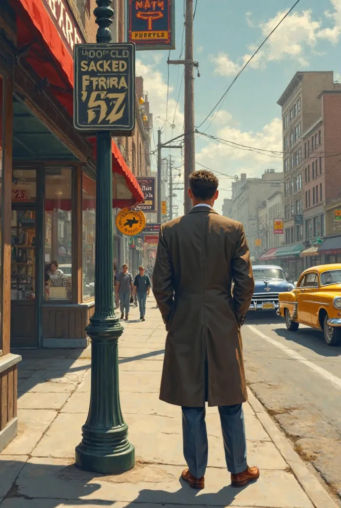 A guy standing near a parking ticket pole facing the street in front of a shop in America in year 1945