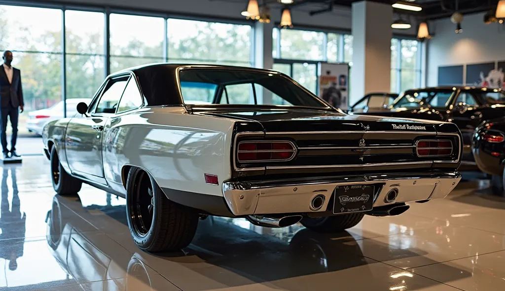 "A detailed rear view of a vintage American muscle car, resembling a late 1960s Plymouth Roadrunner, in shiny black and white color mixup. The car has wide rear tires, dual exhausts, and classic rectangular taillights. A 'Plymouth Roadrunner' badge is plac...