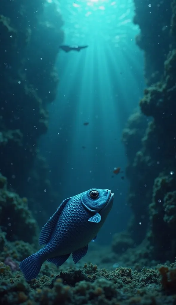 At the dark bottom of the ocean, a small blue fish with scales extended its gaze upwards, where few rays of light penetrate the water. Her eyes reflect curiosity and desire to explore. In the background, shadows of corals and other fish observe, creating a...