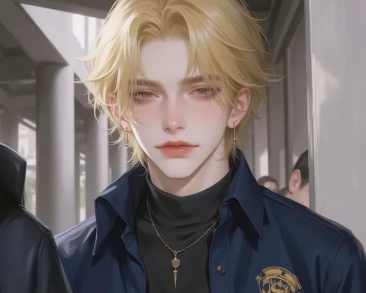 A man with yellow hair and brown eyes, wearing a black undershirt and a navy blue engineer's shirt, with the emblem of the Faculty of Architecture's house on the left chest. He wears a necklace and has pierced ears. He does not smile and has an indifferent...